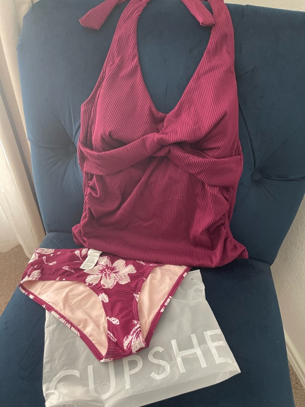 Cupshe Burgundy Ribbed Halter Tankini Top & Floral Bikini Bottoms. NWT